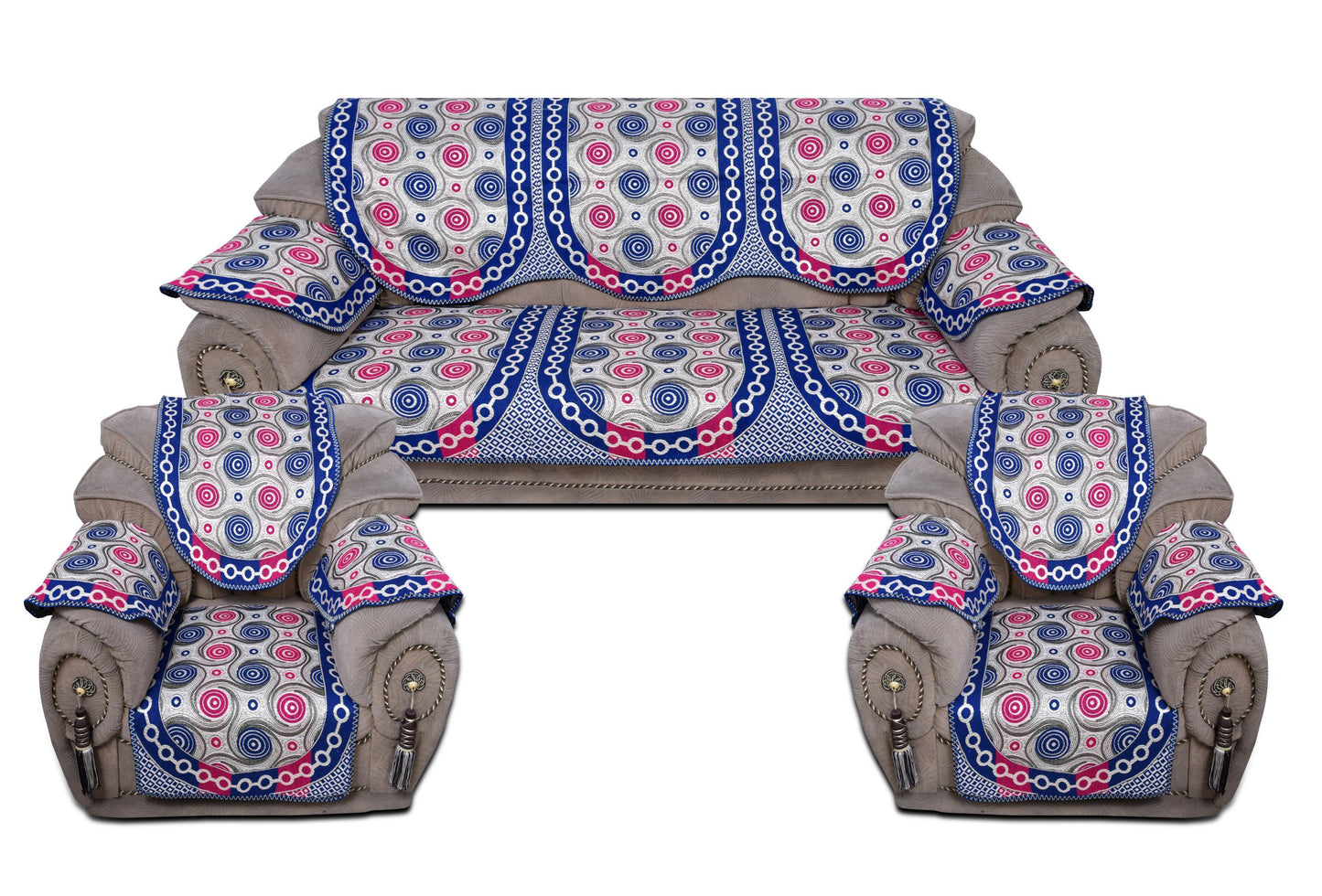 Bigger Fish Poly Cotton Fabric 5 Seater Sofa Cover with 6 Pcs Arms Cover - 16 Pieces (Blue)