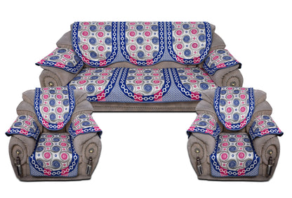 Bigger Fish Poly Cotton Fabric 5 Seater Sofa Cover with 6 Pcs Arms Cover - 16 Pieces (Blue)