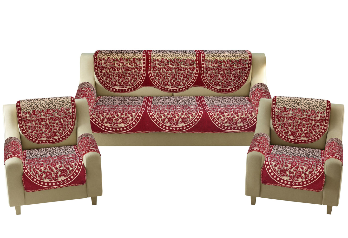Bigger Fish Poly Cotton  Fabric 5 Seater Sofa Cover with 6 Pcs Arms Cover - 16 Pieces (Maroon)