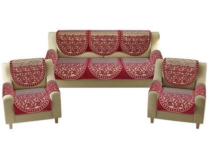 Bigger Fish Poly Cotton  Fabric 5 Seater Sofa Cover with 6 Pcs Arms Cover - 16 Pieces (Maroon)