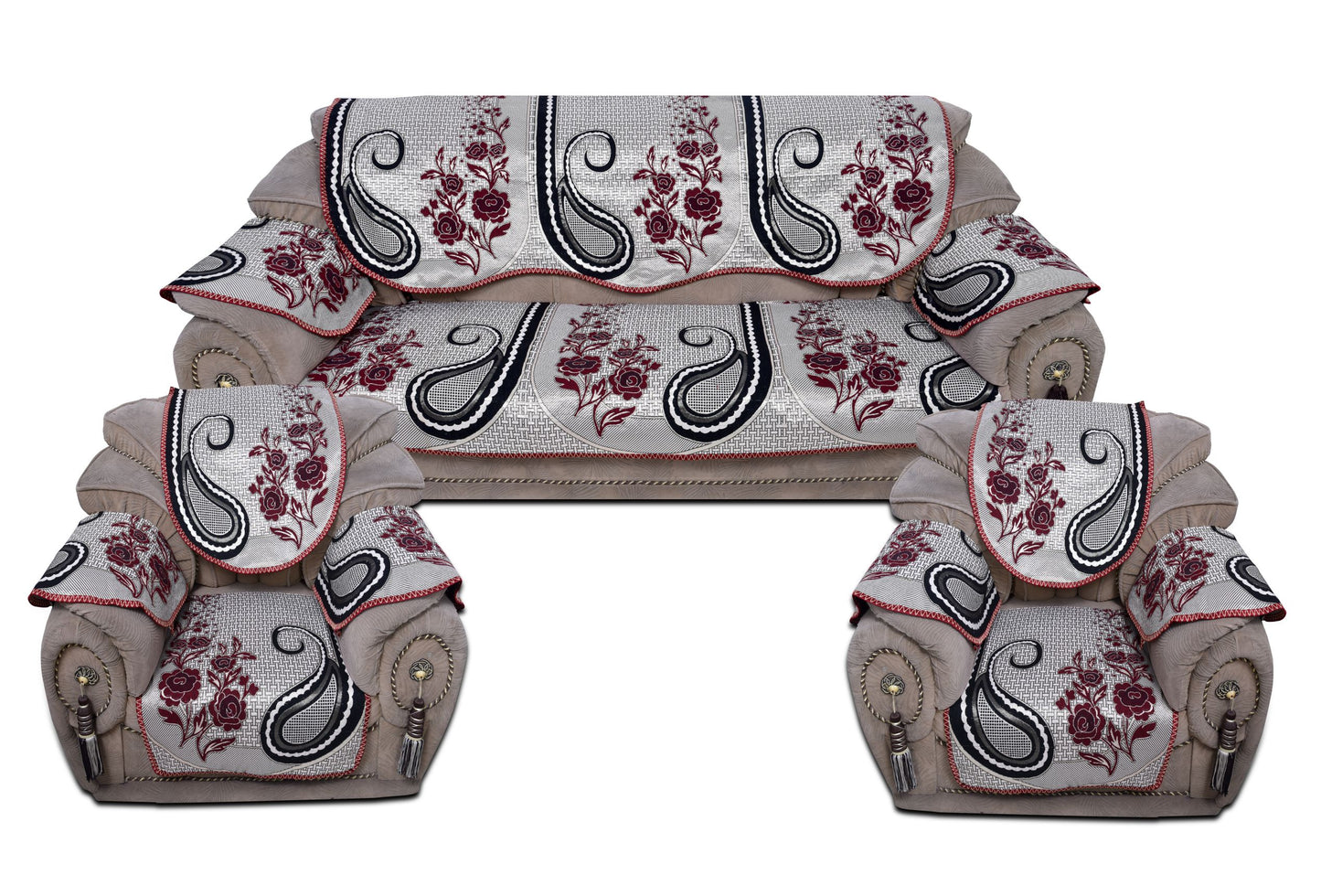Bigger Fish Poly Cotton Fabric 5 Seater Sofa Cover with 6 Pcs Arms Cover - 16 Pieces (Maroon)