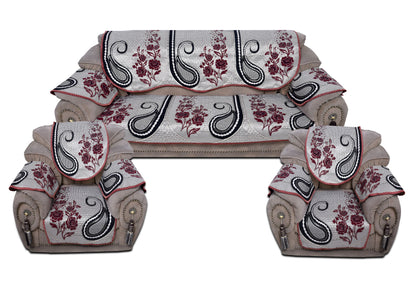 Bigger Fish Poly Cotton Fabric 5 Seater Sofa Cover with 6 Pcs Arms Cover - 16 Pieces (Maroon)
