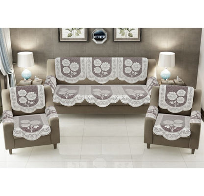 Bigger Fish Poly Cotton Net Fabric Floral Design 5 Seater Sofa Cover with 6 Pcs Arms Cover - 16 Pieces (Brown)