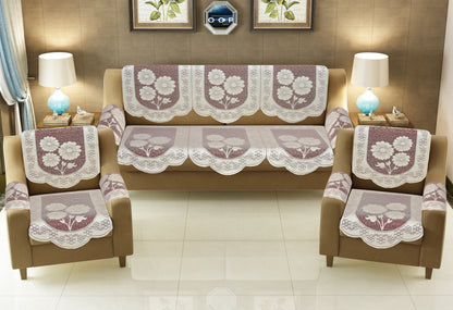 Bigger Fish Poly Cotton Net Fabric Floral Design 5 Seater Sofa Cover with 6 Pcs Arms Cover - 16 Pieces (Maroon)