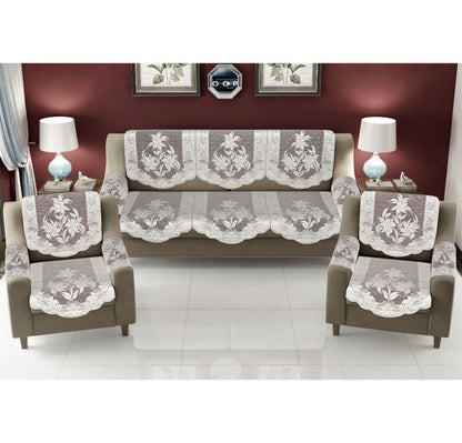 Bigger Fish Poly Cotton Net Fabric Floral Design 5 Seater Sofa Cover with 6 Pcs Arms Cover - 16 Pieces (Brown)