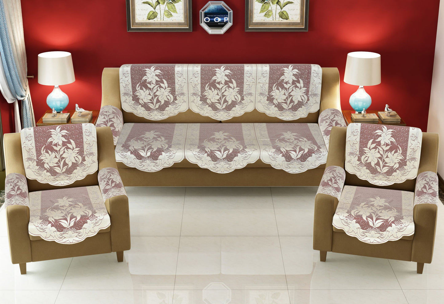 Bigger Fish Poly Cotton Net Fabric Floral Design 5 Seater Sofa Cover with 6 Pcs Arms Cover - 16 Pieces (Maroon)