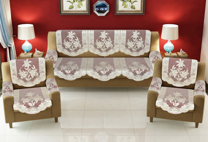 Bigger Fish Poly Cotton Net Fabric Floral Design 5 Seater Sofa Cover with 6 Pcs Arms Cover - 16 Pieces (Maroon)