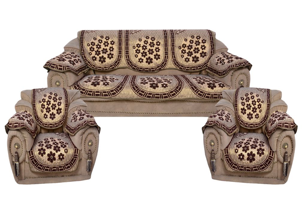 Bigger Fish Poly Cotton Fabric 5 Seater Sofa Cover with 6 Pcs Arms Cover - 16 Pieces (Coffee)