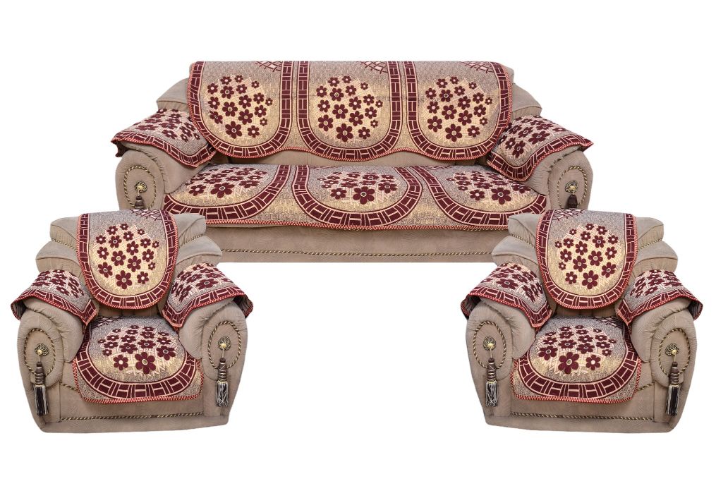 Bigger Fish Poly  Cotton Fabric 5 Seater Sofa Cover with 6 Pcs Arms Cover - 16 Pieces (Coffee)