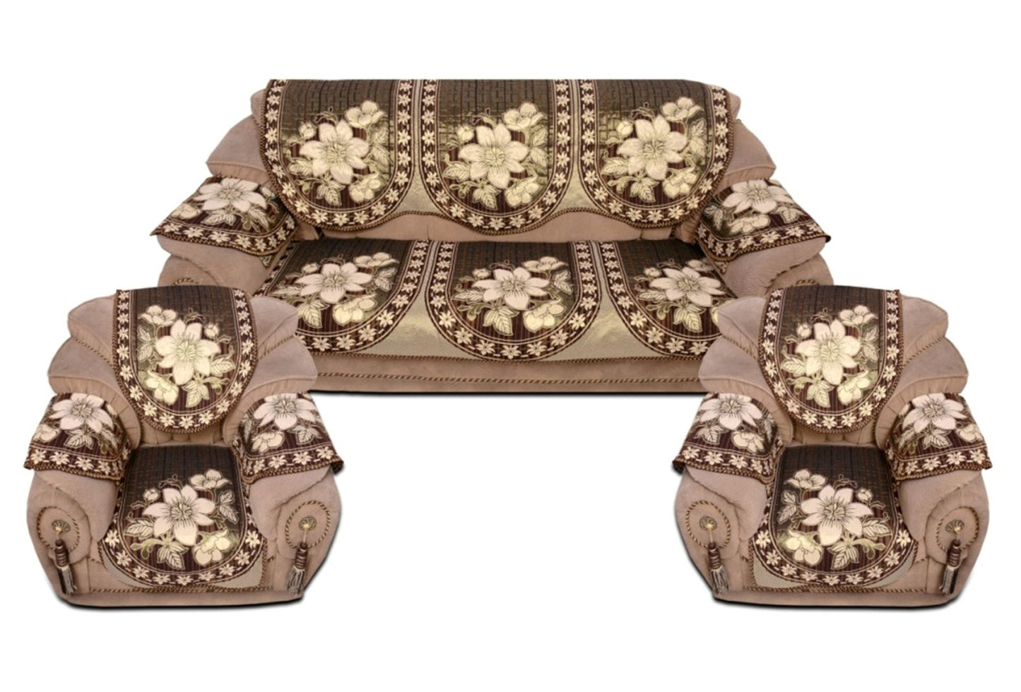 Bigger Fish Poly Cotton Fabric 5 Seater Sofa Cover with 6 Pcs Arms Cover - 16 Pieces (Coffee)