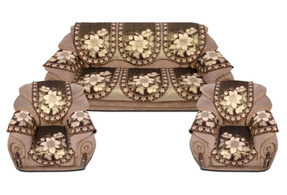 Bigger Fish Poly Cotton Fabric 5 Seater Sofa Cover with 6 Pcs Arms Cover - 16 Pieces (Coffee)