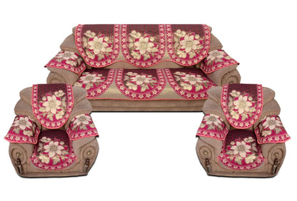 Bigger Fish Poly Cotton  Fabric  5 Seater Sofa Cover with 6 Pcs Arms Cover - 16 Pieces (Pink)