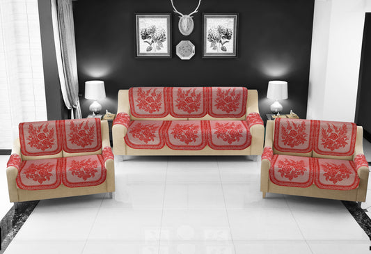 Bigger Fish Poly Cotton Net Fabric Floral 7 Seater 23x28 Inch Sofa Cover with 6 Pcs Arms Cover - 20 Pieces (Red)