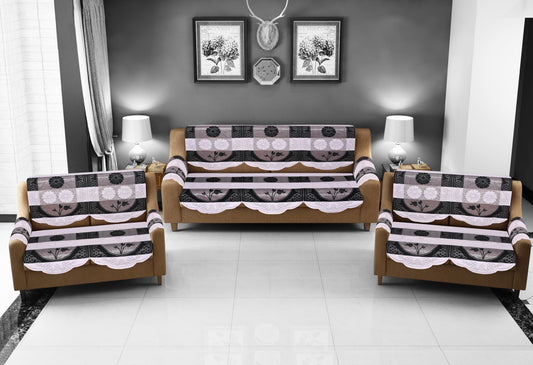 Bigger Fish Poly Cotton Net Fabric Floral 7 Seater 23x28 Inch Sofa Cover with 6 Pcs Arms Cover - 20 Pieces (Black)