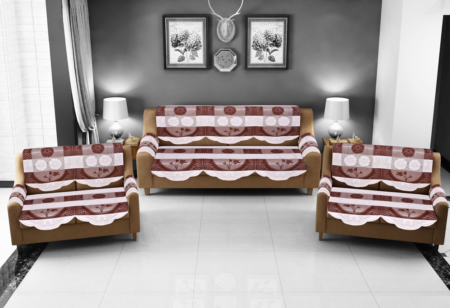 Bigger Fish Poly Cotton Net Fabric Floral 7 Seater 23x28 Inch Sofa Cover with 6 Pcs Arms Cover - 20 Pieces (Brown)