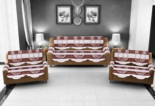 Bigger Fish Poly Cotton Net Fabric Floral 7 Seater 23x28 Inch Sofa Cover with 6 Pcs Arms Cover - 20 Pieces (Brown)