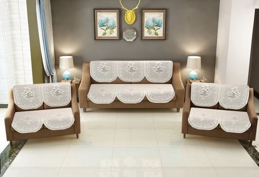Bigger Fish Poly Cotton Net Fabric Floral 7 Seater 28x23 Inch Sofa Cover - 14 Pieces (Cream)