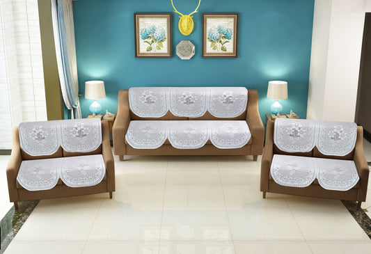 Bigger Fish Poly Cotton Net Fabric Floral 7 Seater 28x23 Inch Sofa Cover - 14 Pieces (White)