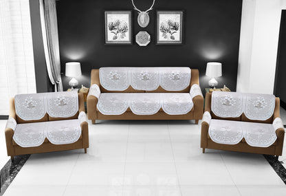 Bigger Fish Poly Cotton Net Fabric Floral 7 Seater 23x28 Inch Sofa Cover with 6 Pcs Arms Cover - 20 Pieces (White)