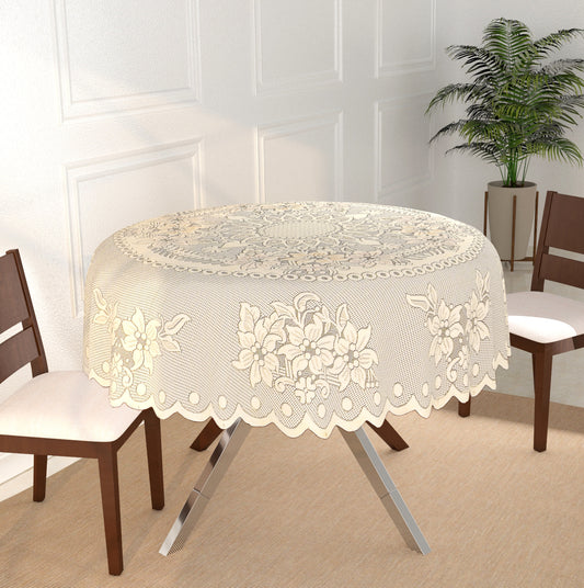 Bigger Fish 72 Inch Round Table Cover Poly Cotton Floral Elegant Design 8 Seater Tablecloth/Cream Large Center Table Cover