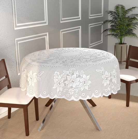 Bigger Fish 72 Inch Round Table Cover Poly Cotton Floral Elegant Design 8 Seater Tablecloth/White Large Center Table Cover