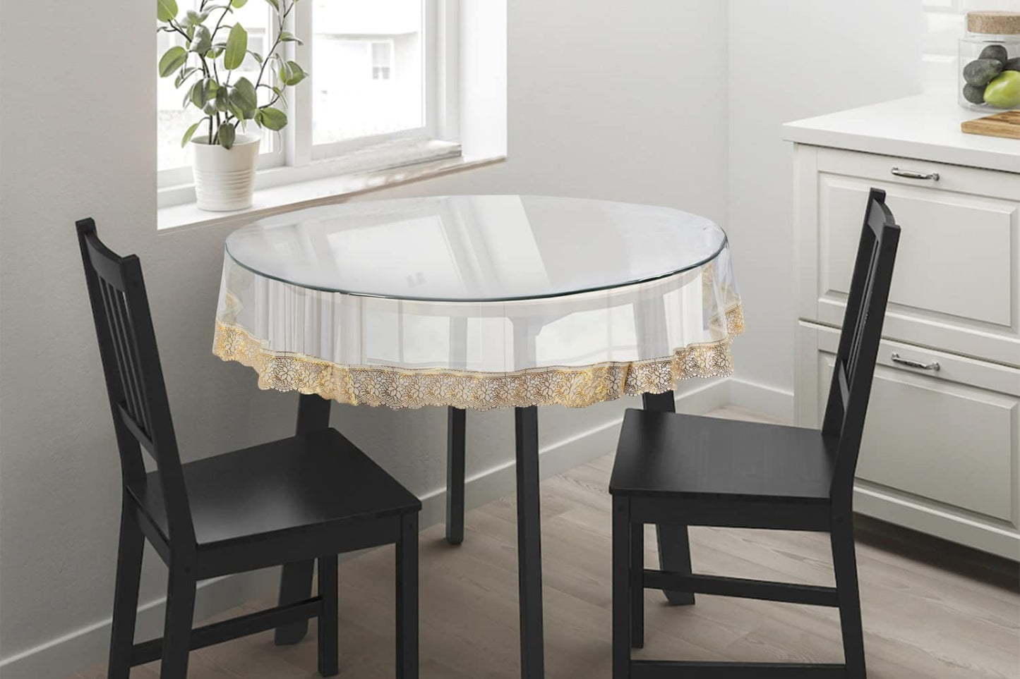 Bigger Fish PVC 60 Inch Clear Golden Lace Round Table Cover Transparent 4 Seater Tablecloth/Golden Lace Medium Table Cover