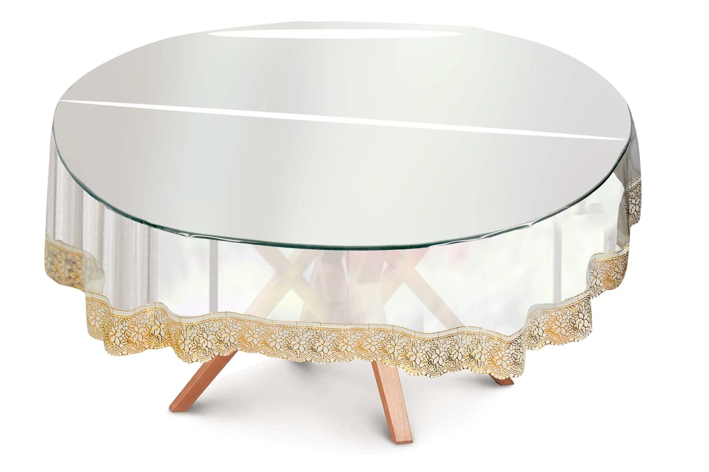 Bigger Fish PVC 60 Inch Clear Golden Lace Round Table Cover Transparent 4 Seater Tablecloth/Golden Lace Medium Table Cover
