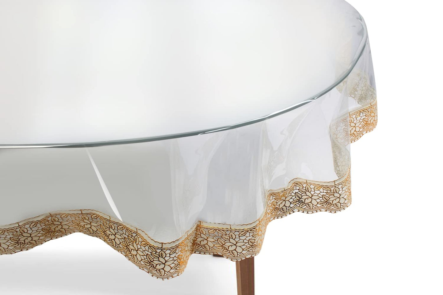 Bigger Fish PVC 60 Inch Clear Golden Lace Round Table Cover Transparent 4 Seater Tablecloth/Golden Lace Medium Table Cover