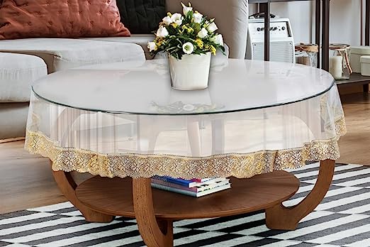 Bigger Fish PVC 60 Inch Clear Golden Lace Round Table Cover Transparent 4 Seater Tablecloth/Golden Lace Medium Table Cover