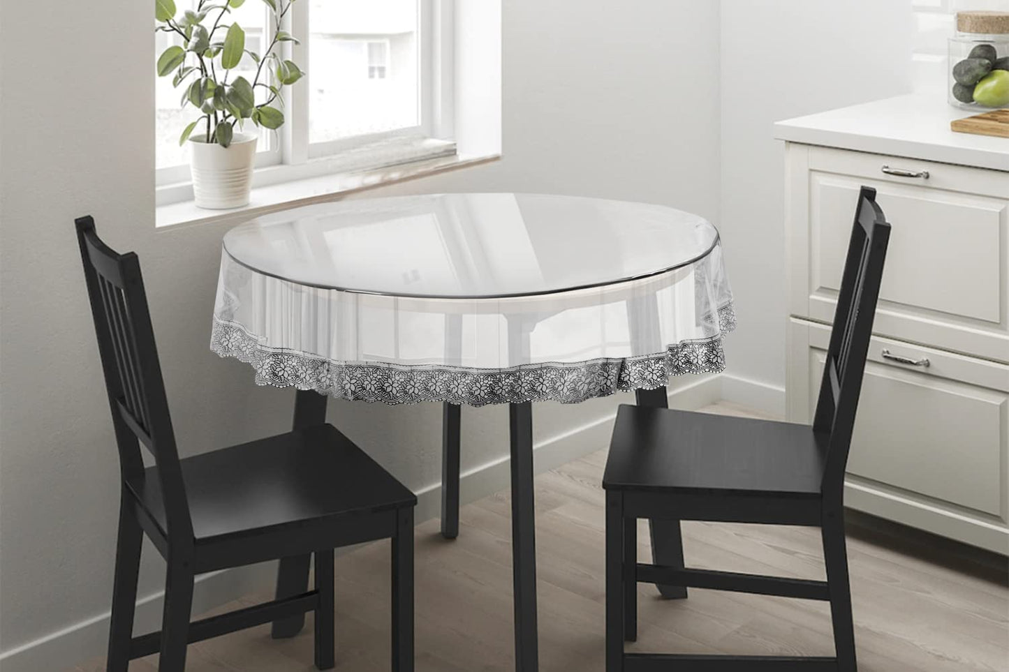 Bigger Fish PVC 60 Inch Clear Silver Lace Round Table Cover Transparent 4 Seater Tablecloth/Silver Lace Medium Table Cover