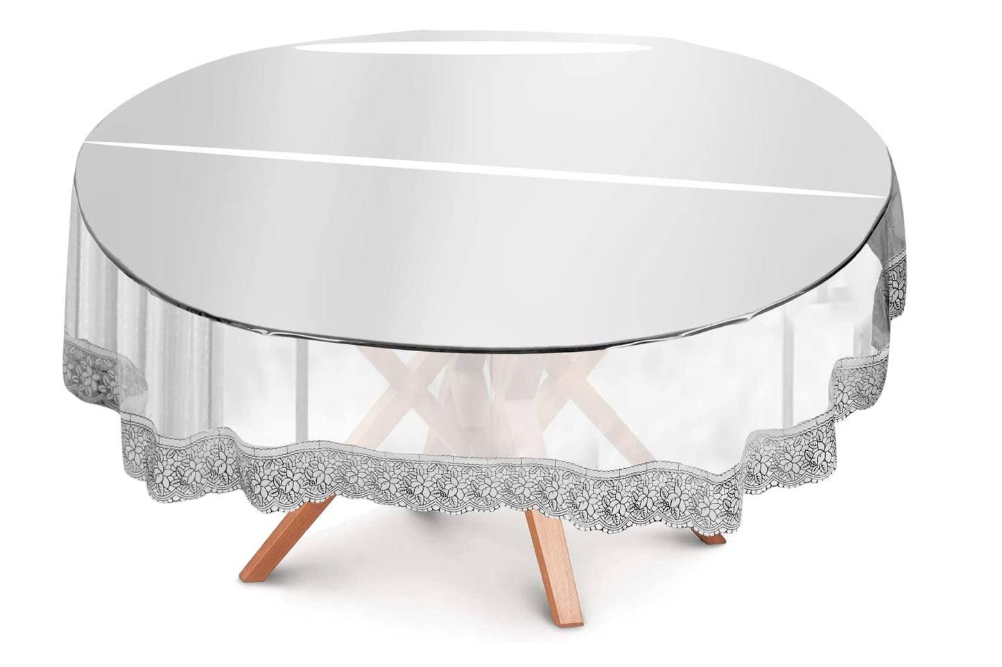 Bigger Fish PVC 60 Inch Clear Silver Lace Round Table Cover Transparent 4 Seater Tablecloth/Silver Lace Medium Table Cover