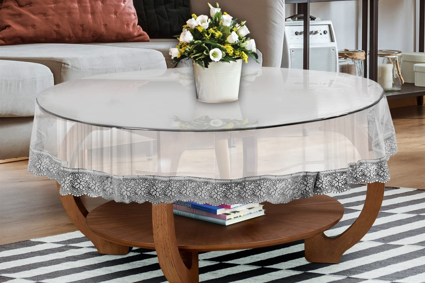 Bigger Fish PVC 60 Inch Clear Silver Lace Round Table Cover Transparent 4 Seater Tablecloth/Silver Lace Medium Table Cover
