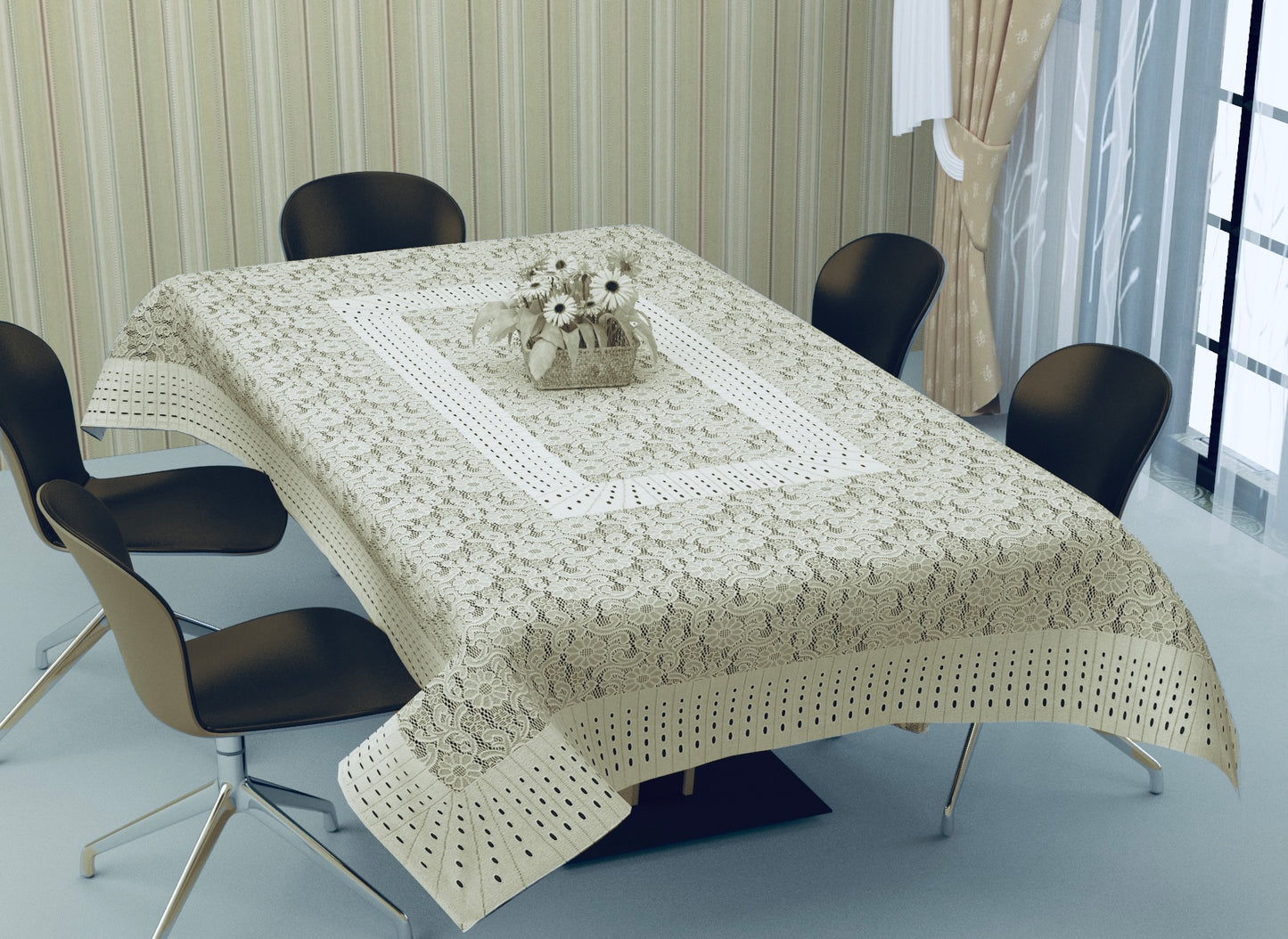 Bigger Fish Poly Cotton 6-8 Seater Dining Table Cover (60x90 Inch) - Floral Design, Cream