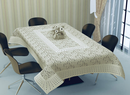 Bigger Fish Poly Cotton 6-8 Seater Dining Table Cover (60x90 Inch) - Floral Design, Cream