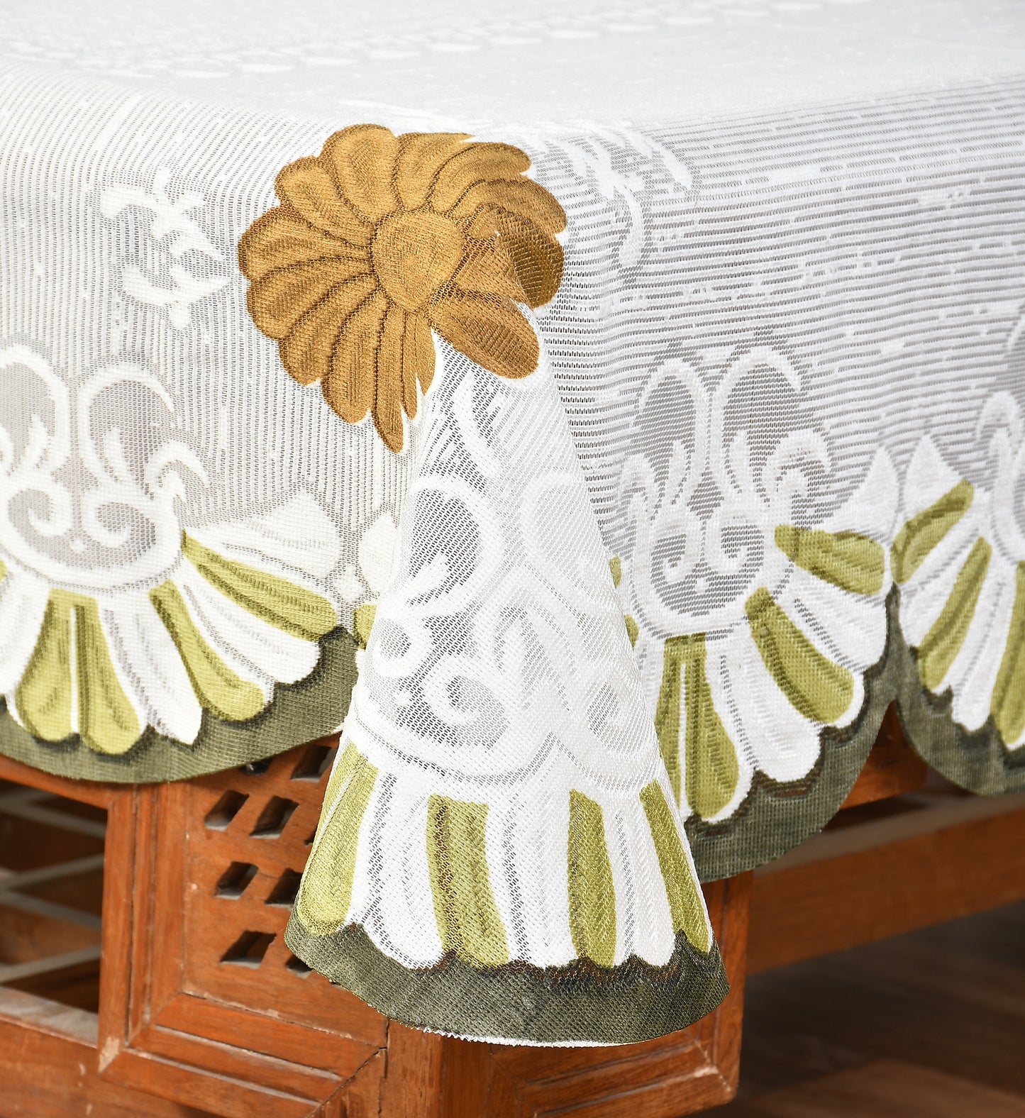Bigger Fish Poly Cotton , Decorative Hand Made Floral Design Dining Table Cover for 6-8 Seater (60 X 90 Inches) (Green)