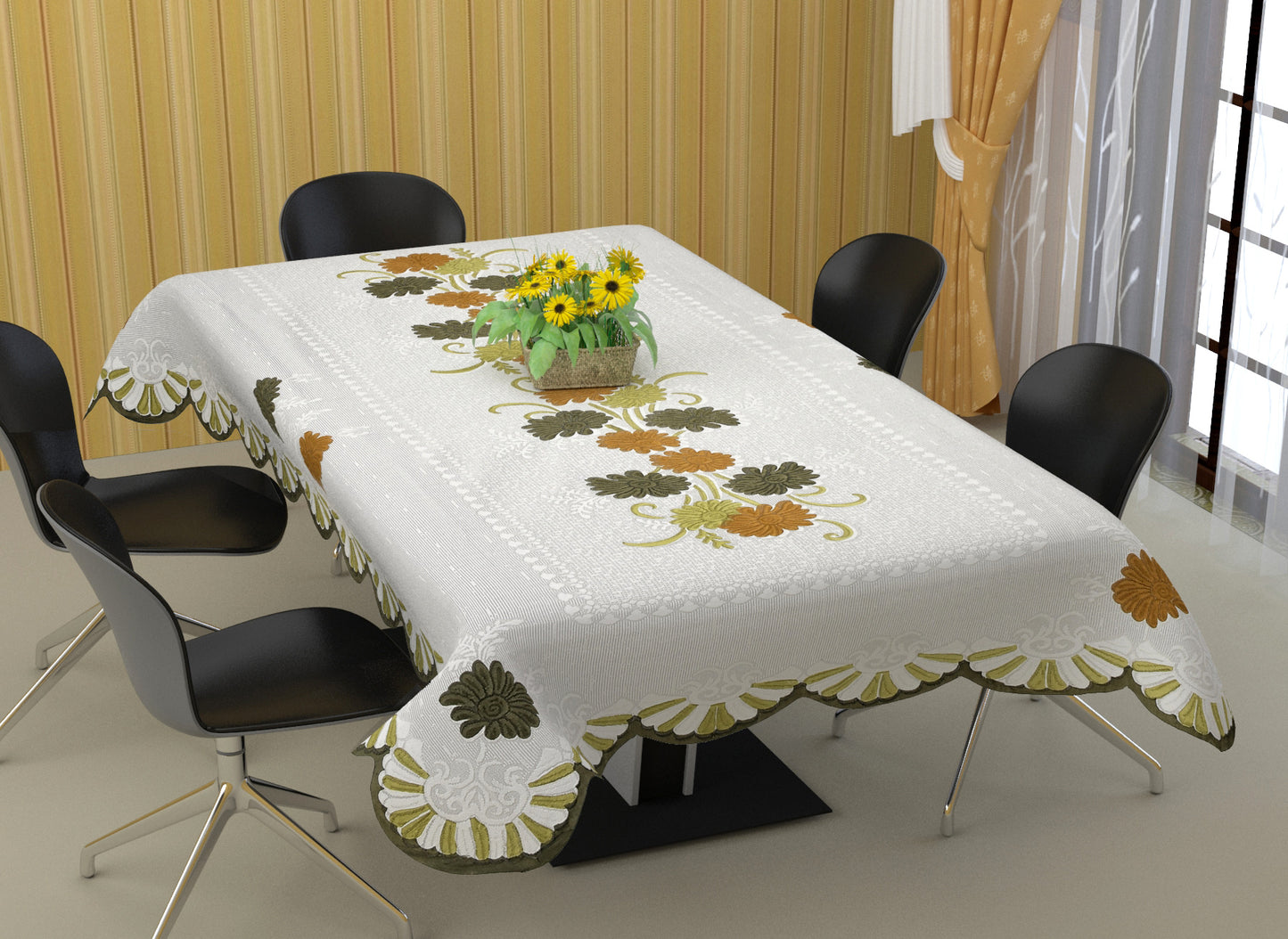 Bigger Fish Poly Cotton , Decorative Hand Made Floral Design Dining Table Cover for 6-8 Seater (60 X 90 Inches) (Green)