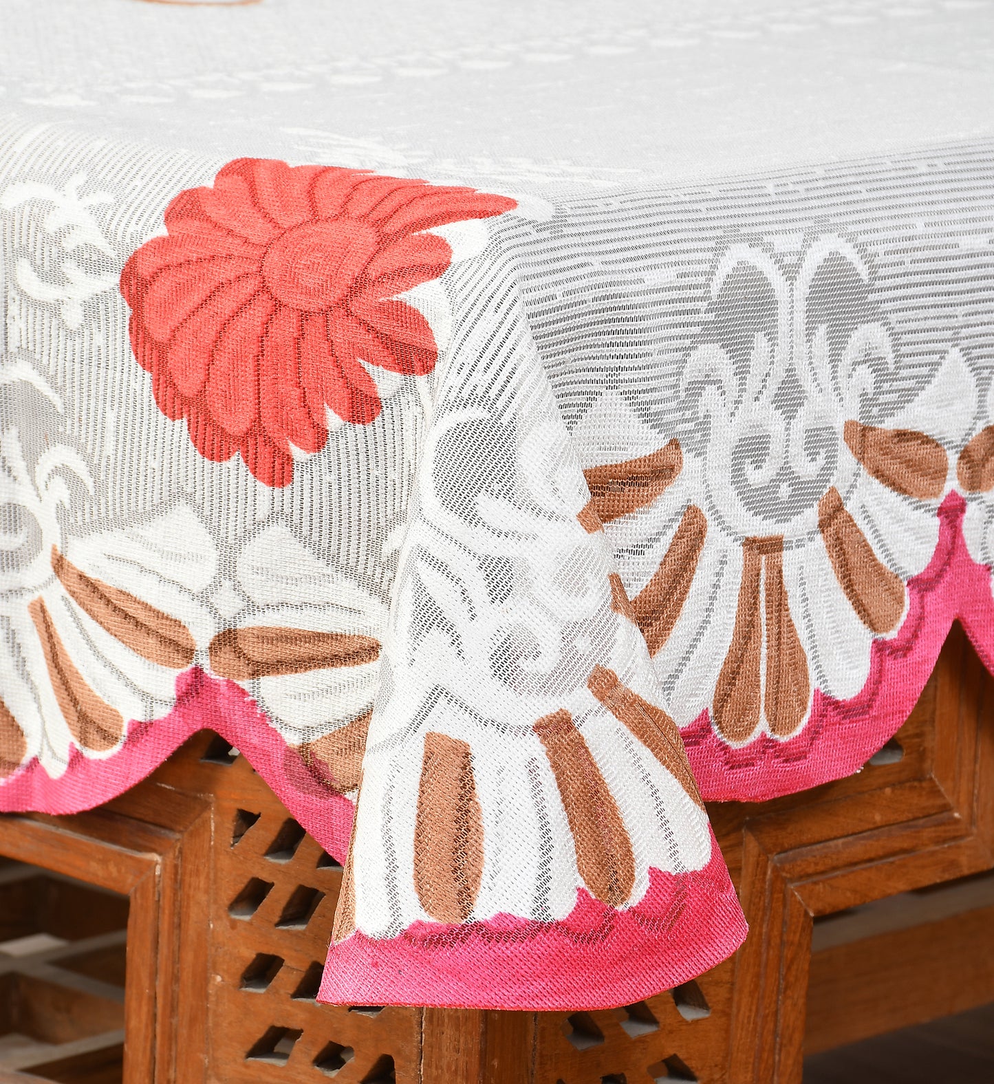 Bigger Fish Poly Cotton , Decorative Hand Made Floral Design Dining Table Cover for 6-8 Seater (60 X 90 Inches) (Pink)