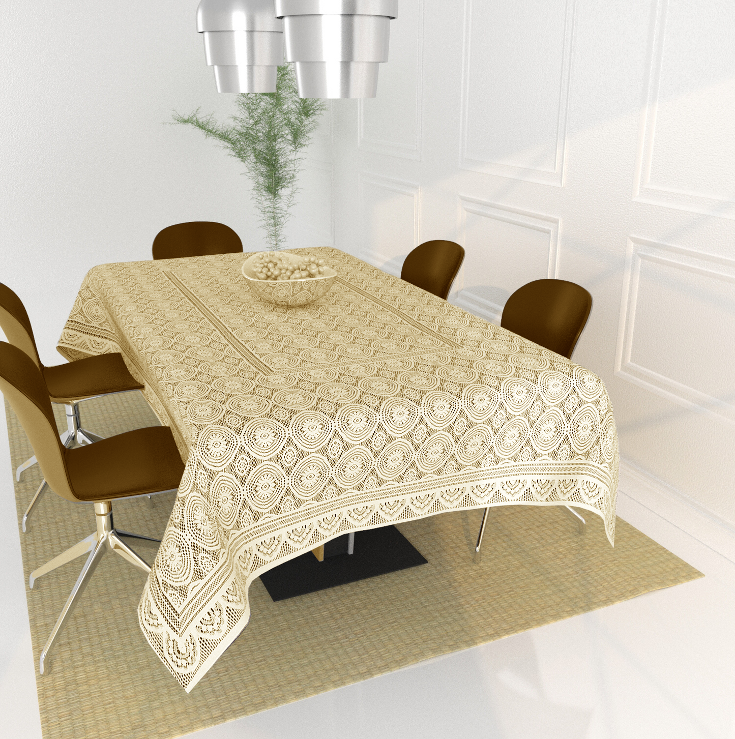 Bigger Fish Poly Cotton , Decorative Hand Made Floral Design Dining Table Cover for 6-8 Seater (60 X 90 Inches) (Cream)