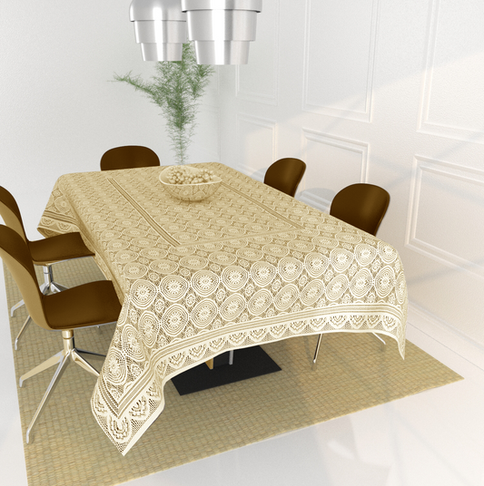 Bigger Fish Poly Cotton , Decorative Hand Made Floral Design Dining Table Cover for 6-8 Seater (60 X 90 Inches) (Cream)