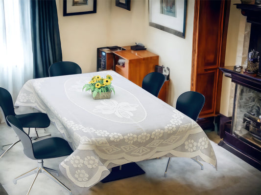 Bigger Fish Poly Cotton Floral 6-8 Seater 60x90 Inch Victoria Dining Table Cover (White)