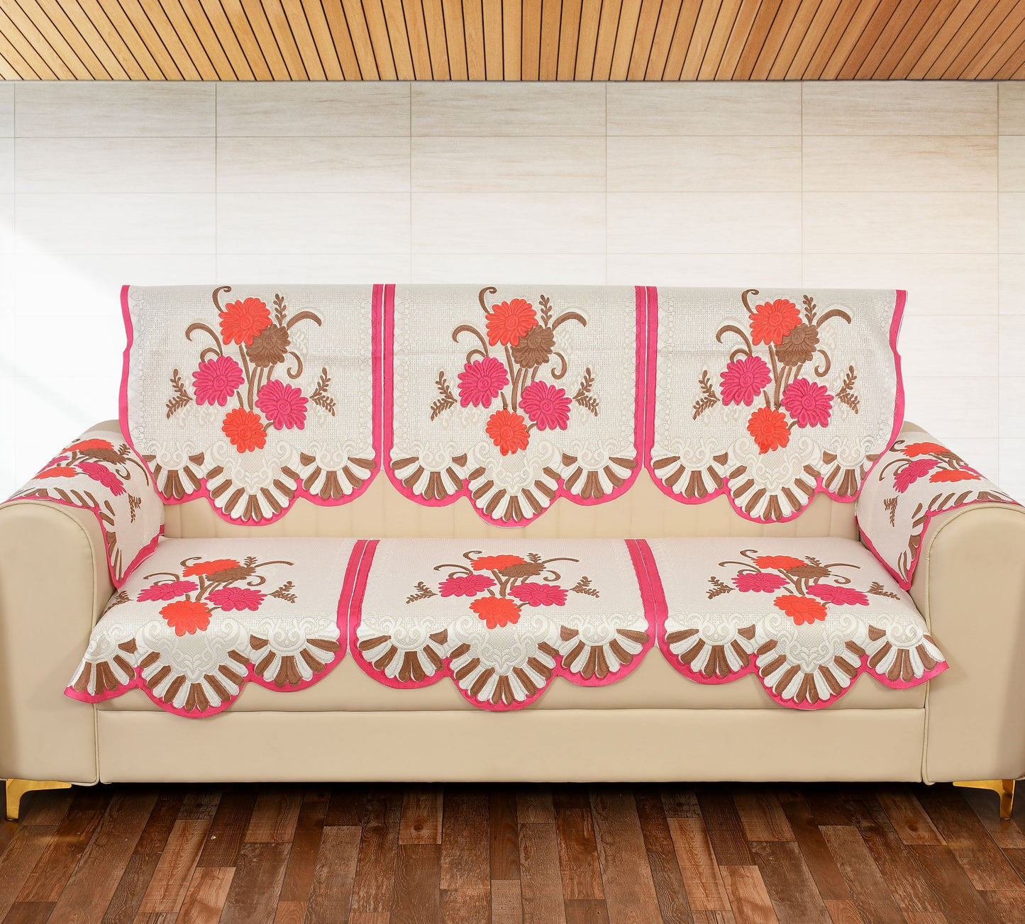 Bigger Fish Poly Cotton Net Fabric Floral Design 5 Seater Sofa Cover with 6 Pcs Arms Cover - 16 Pieces (Pink)