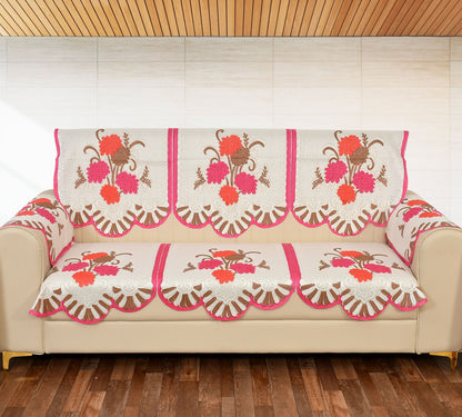 Bigger Fish Poly Cotton Net Fabric Floral Design 5 Seater Sofa Cover with 6 Pcs Arms Cover - 16 Pieces (Pink)