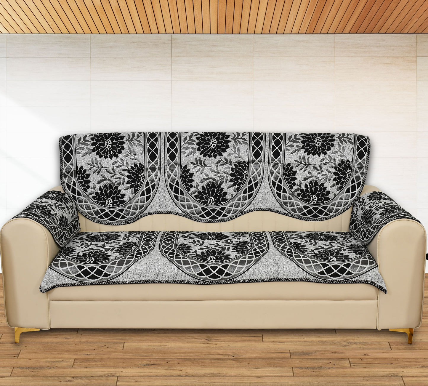 Bigger Fish Poly Cotton Net Fabric Floral Design 5 Seater Sofa Cover with 6 Pcs Arms Cover - 16 Pieces (Black)