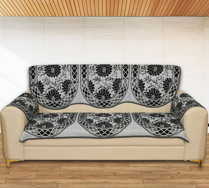 Bigger Fish Poly Cotton Net Fabric Floral Design 5 Seater Sofa Cover with 6 Pcs Arms Cover - 16 Pieces (Black)
