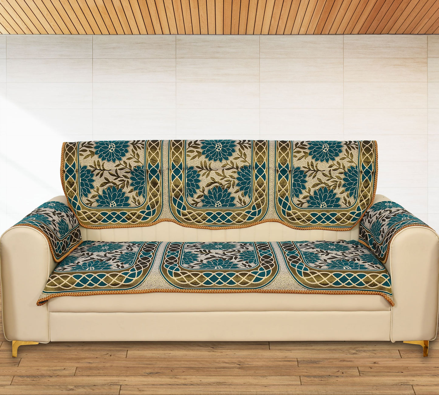Bigger Fish Poly Cotton Net Fabric Floral Design 5 Seater Sofa Cover with 6 Pcs Arms Cover - 16 Pieces (Green)