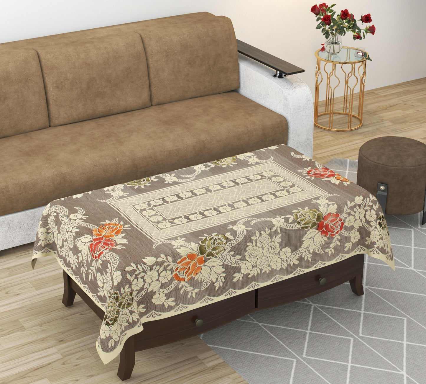 Bigger Fish Poly cotton 40x60 Inch Coffee 4 Seater Semi Rose Center Table Cover - Premium Quality & Style