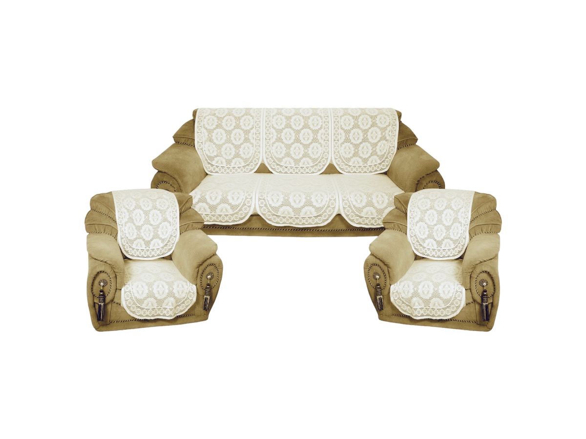 Bigger Fish Poly Cotton Net Fabric 5 Seater Sofa Cover - 10 Pieces (Cream)