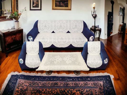 Bigger Fish Poly Cotton Net Fabric 5 Seater Sofa Cover 10 Pieces with 40x60 Center Table Cover Combo (Cream)