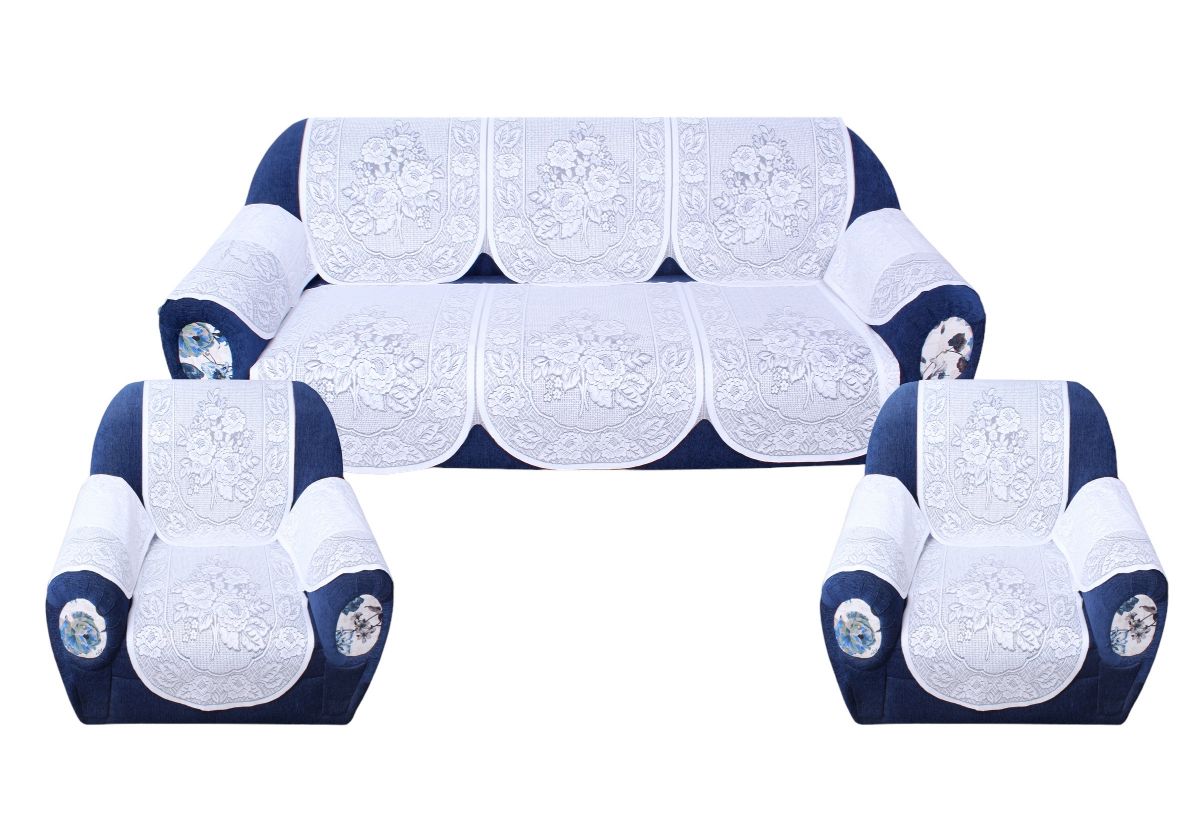 Bigger Fish Poly Cotton Net Fabric Floral Design 5 Seater Sofa Cover with 6 Pcs Arms Cover - 16 Pieces (Cream)