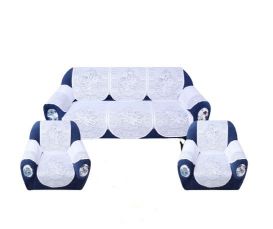 Bigger Fish Poly Cotton Net Fabric Floral Design 5 Seater Sofa Cover with 6 Pcs Arms Cover - 16 Pieces (White)